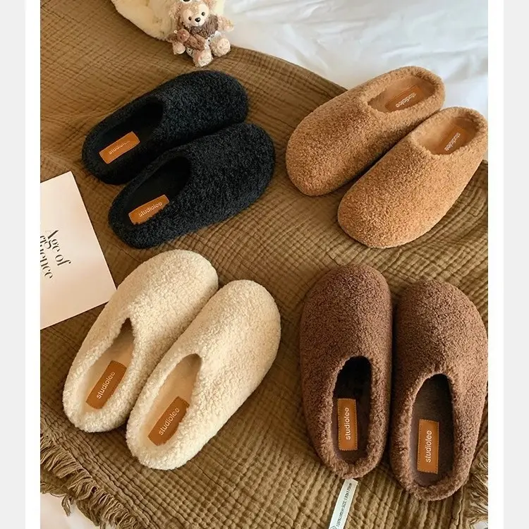 Damen Kuschelige Teddy-Filz Hausschlappen mit geschlossener Kappe und gepolstertem Fußbett Drune