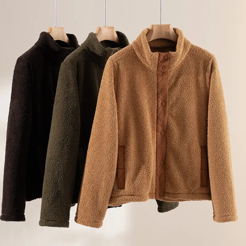 Damen kuschelige Teddy-Fleecejacke mit Stehkragen, Druckknopf-Leiste und kontrastierten Tascheneinfassungen Drune