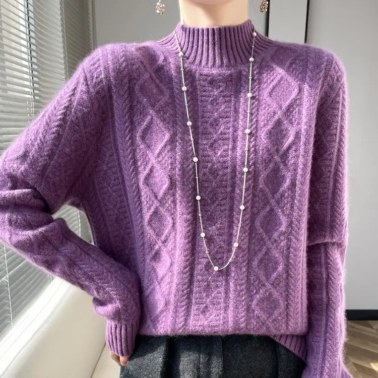 Damen Kuscheliger Mohair‑Optik Mockneckpullover mit Rautenzopfstruktur und kastiger Silhouette Drune