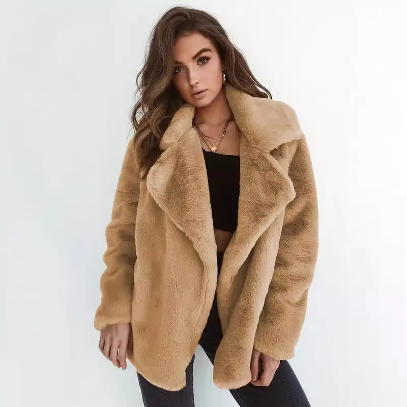 Damen Kuscheliger Oversized Kunstpelz-Mantel mit großem Reverskragen Drune