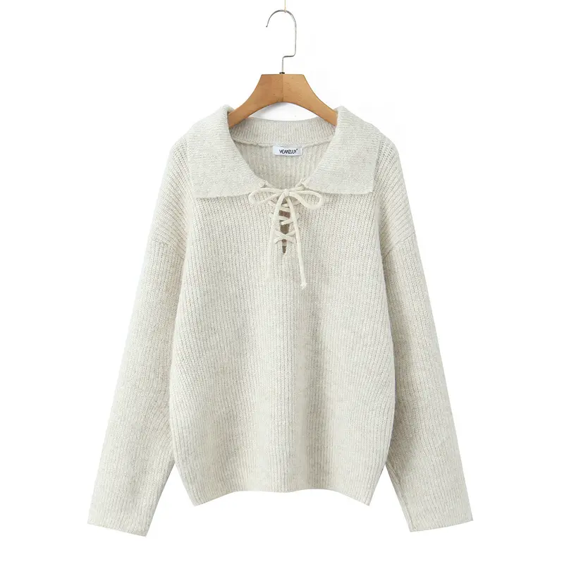 Damen Kuscheliger Strickpullover mit breitem Polokragen und Kordelbindung Drune