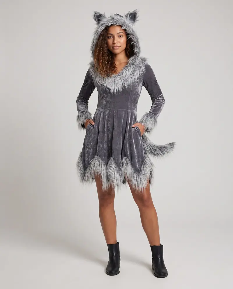 Damen Kuscheliges Fleece-Kleid mit elegantem Pelzkragen Drune