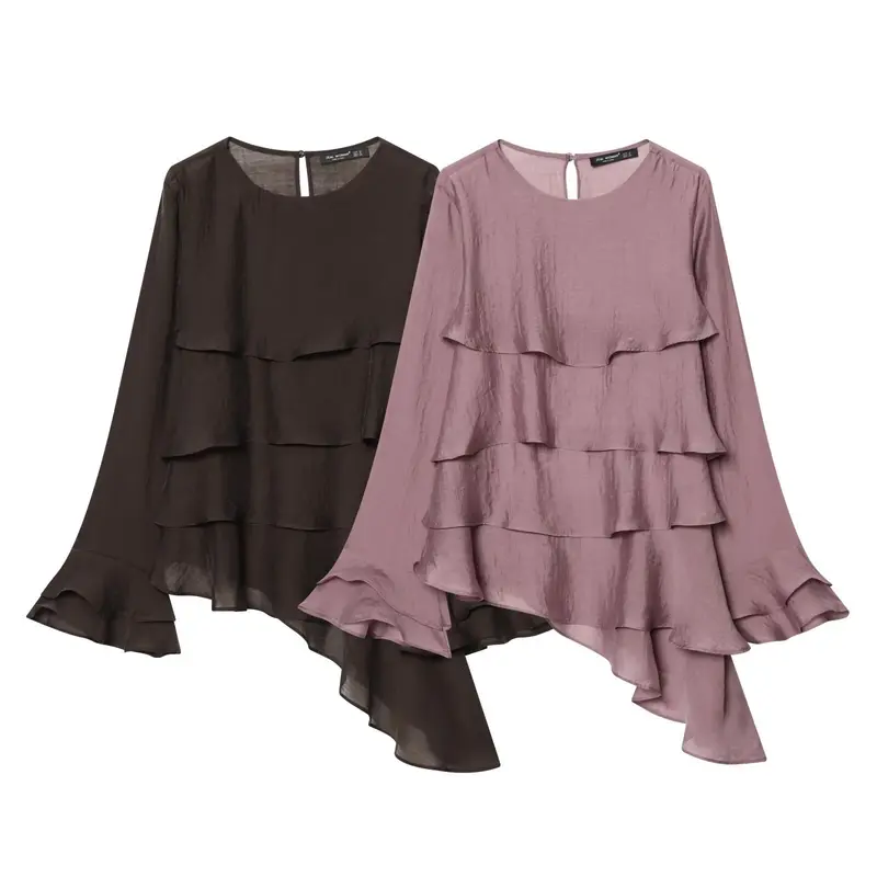 Damen Lagenlook Chiffonbluse mit Volants und asymmetrischem Saum Drune