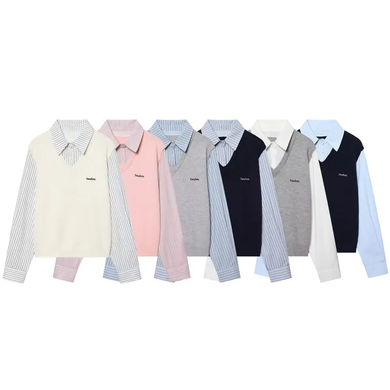 Damen Lagenlook-Hemd mit V-Ausschnitt Strickweste Drune