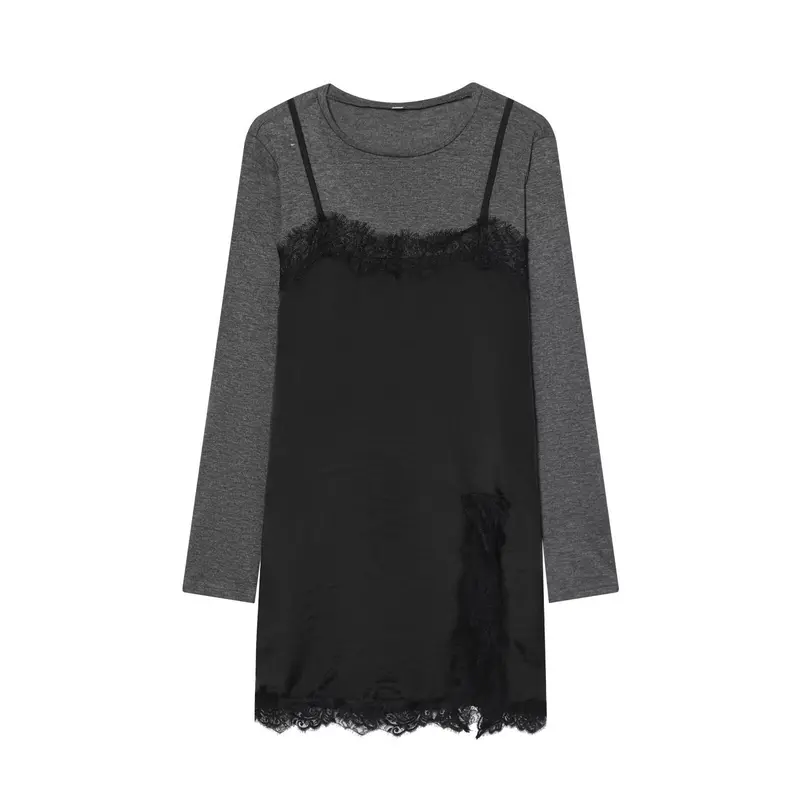 Damen Lagenlook-Longsleeve mit Satin-Slip-Einsatz und Spitzenbesatz Drune