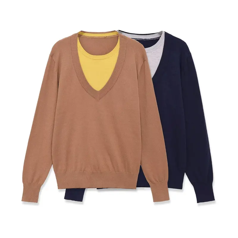 Damen Lagenpullover mit tiefem V-Ausschnitt und integriertem Rundhals-Inlay Drune