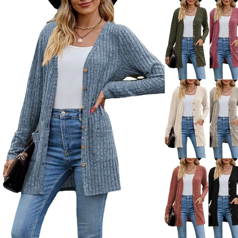 Damen Lang geschnittene Rippstrick‑Cardigan mit Knopfleiste und Eingrifftaschen Drune