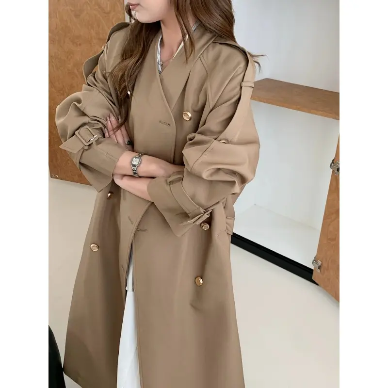 Damen Lang geschnittener Trenchcoat mit doppelreihiger Knopfleiste und verstellbaren Ärmelriegeln Drune