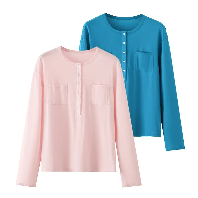 Damen Langarm-Henleyshirt aus Baumwollmix mit Rundhalsausschnitt, Brusttaschen und lockerer Passform Drune