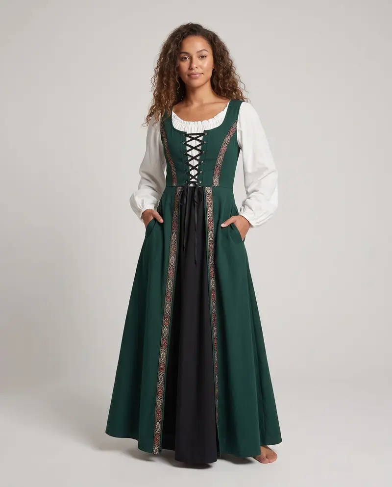 Damen Langarm Kleid mit detailreicher Schnürung und floralen Akzenten Drune