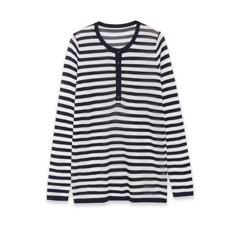Damen Langarm-Shirt mit Knopfleiste und maritimen Streifen Drune