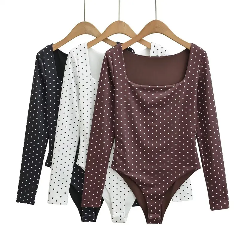 Damen Langärmeliger Body mit quadratischem Ausschnitt und Pünktchenprint Drune