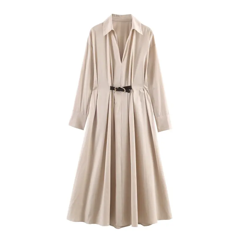 Damen Langärmeliges Hemdblusenkleid mit weitem Faltenrock und Taillengürtel Drune