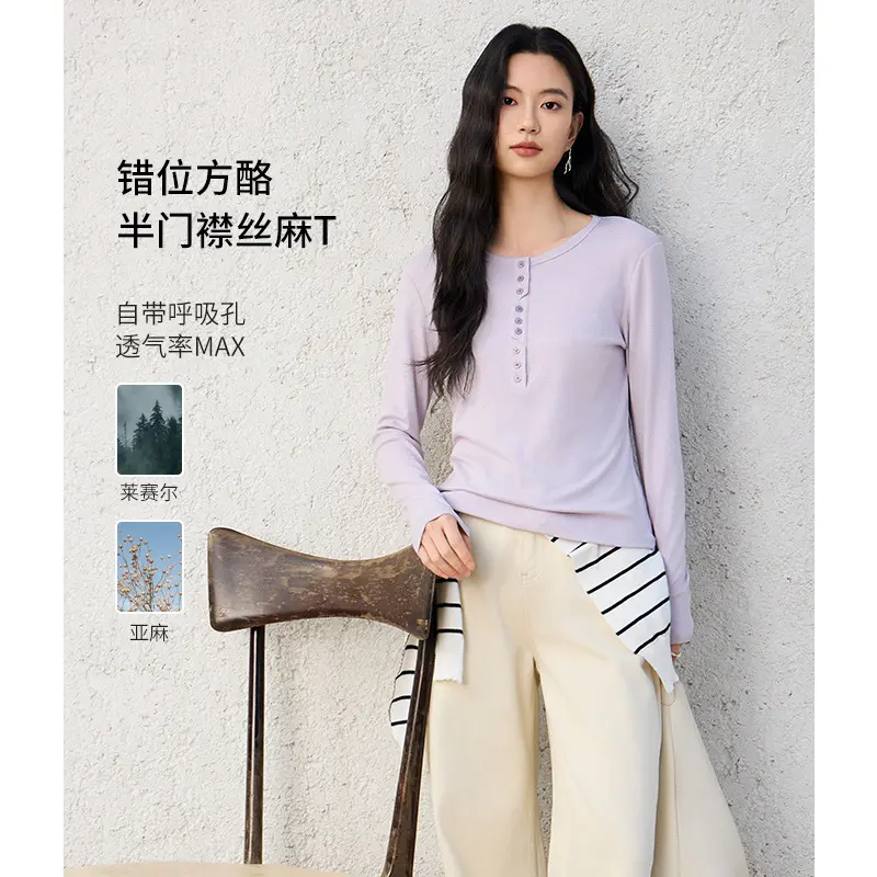 Damen Langärmeliges Henley-Shirt aus feinem Jersey mit dekorativer Knopfleiste Drune