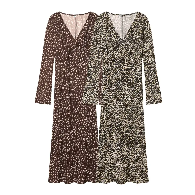 Damen Langärmeliges plissiertes Maxikleid mit V-Ausschnitt und taillenhoher Raffung Drune