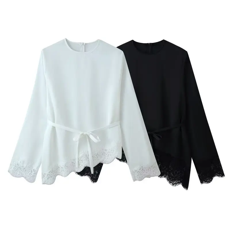 Damen Langärmlige Bluse mit Taillenband und Spitzenbesatz Drune