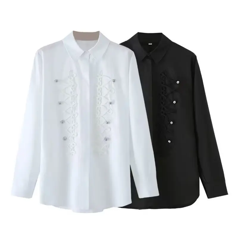 Damen Langärmlige Oversize-Bluse mit verdeckter Knopfleiste und dekorativen Kordelapplikationen Drune