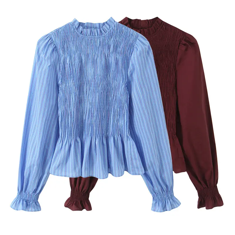 Damen Langärmlige Smockbluse mit Stehkragen und Volantsaum Drune
