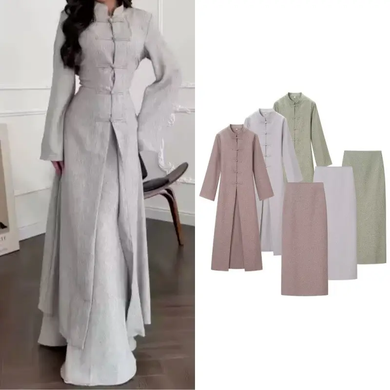 Damen Langärmliges Maxikleid mit Stehkragen Knebelknopfverschluss und vorderem Schlitz Drune