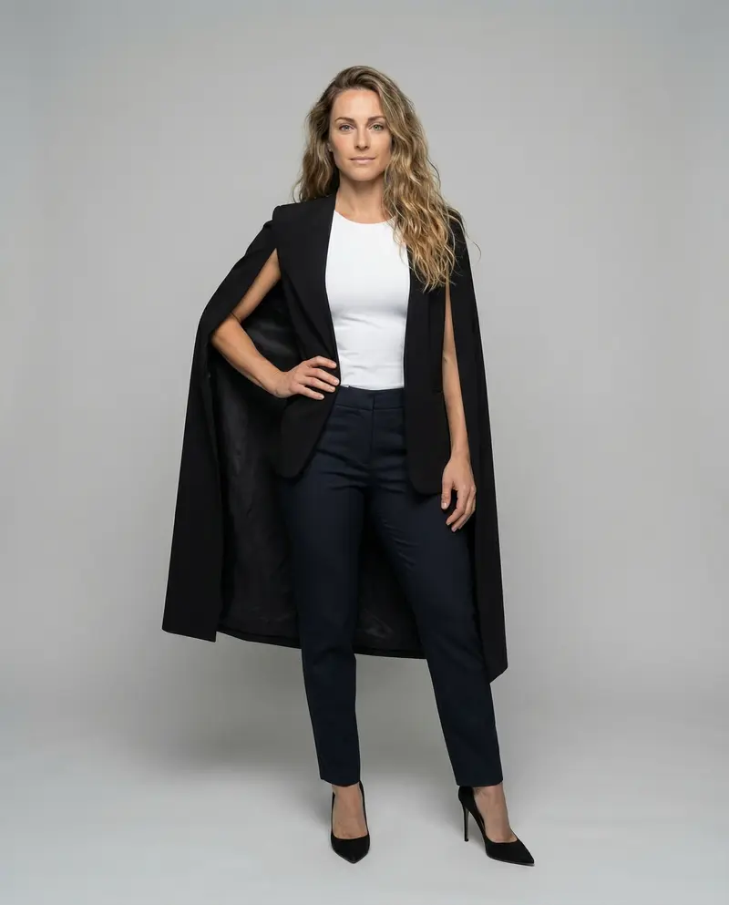 Damen lange Capejacke mit offener Vorderseite und taillierter Passform Drune