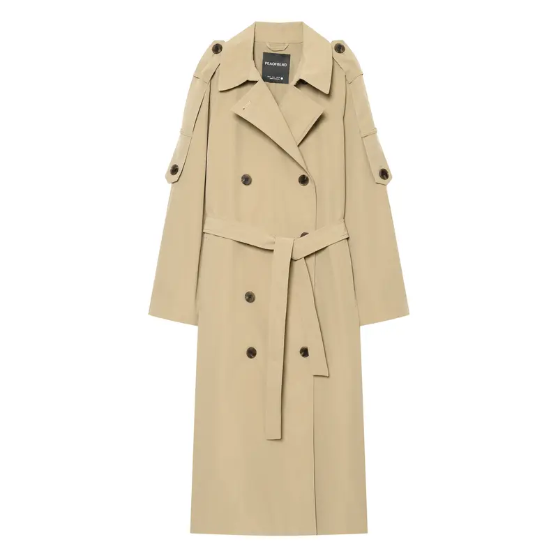 Damen Lange klassische Zweireiher‑Trench mit Bindegürtel und Ärmelriegel Drune