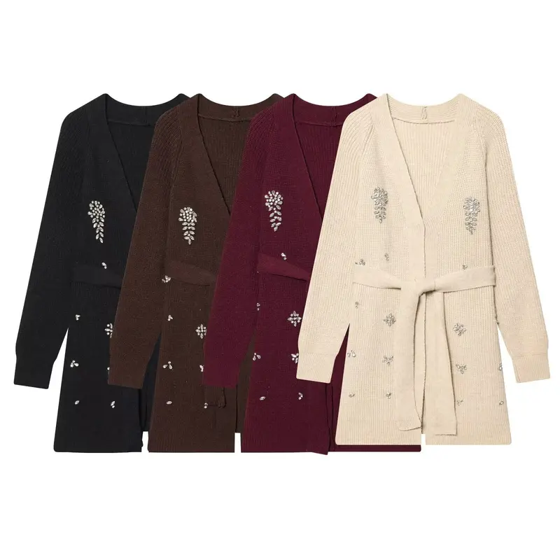 Damen Lange Strickjacke mit Bindegürtel und Schmuckstein-Applikation Drune
