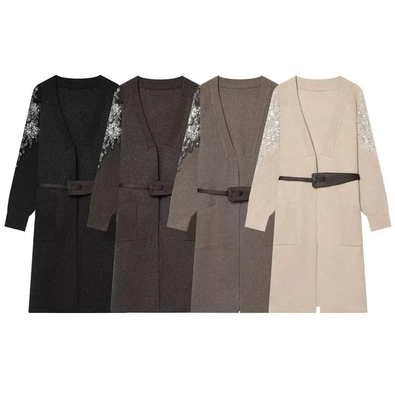 Damen Lange Strickmantel-Cardigan mit Taillengürtel und Paillettenbesatz Drune