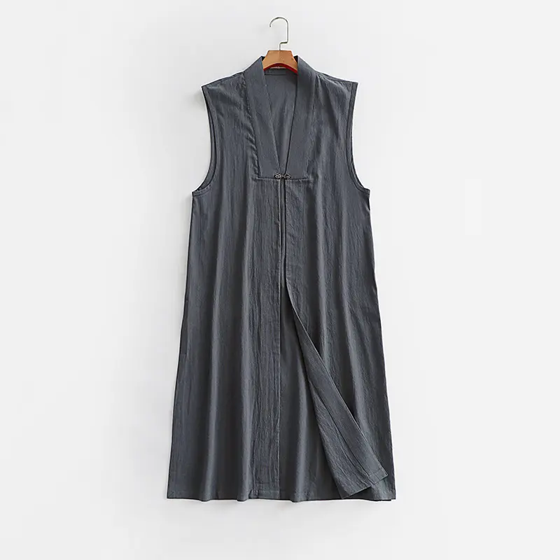 Damen Langer ärmelloser Kimono-Weste aus Leinenmix mit schmaler Schalkante und dekorativem Knebelverschluss Drune