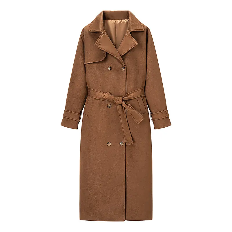 Damen Langer Doppelreihiger Mantel im Trenchcoat‑Stil mit Taillengürtel und Ärmelriegel Drune