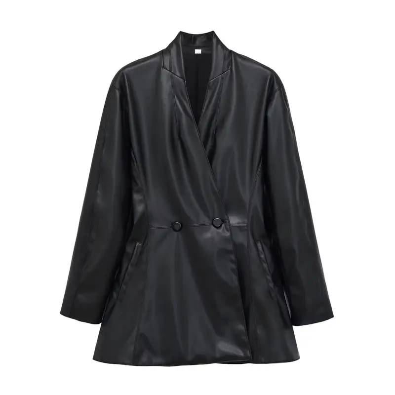 Damen Langer doppeltreihiger Blazer‑Mantel aus veganer Lederoptik mit Schalkragen Drune