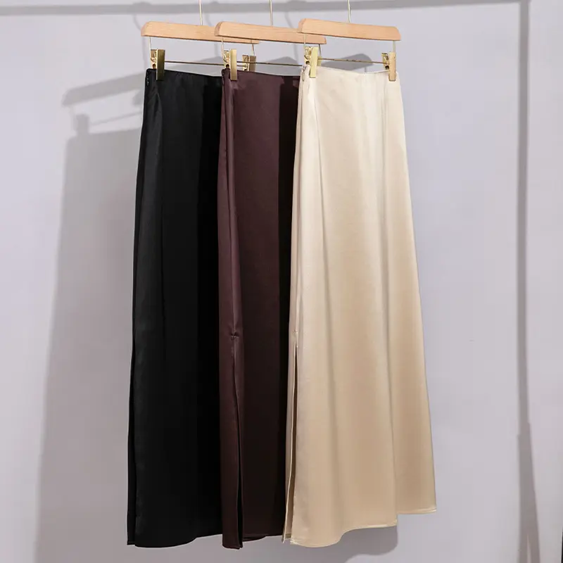 Damen Langer eleganter Satin-Biaisrock mit hohem Bund und fließender Silhouette Drune