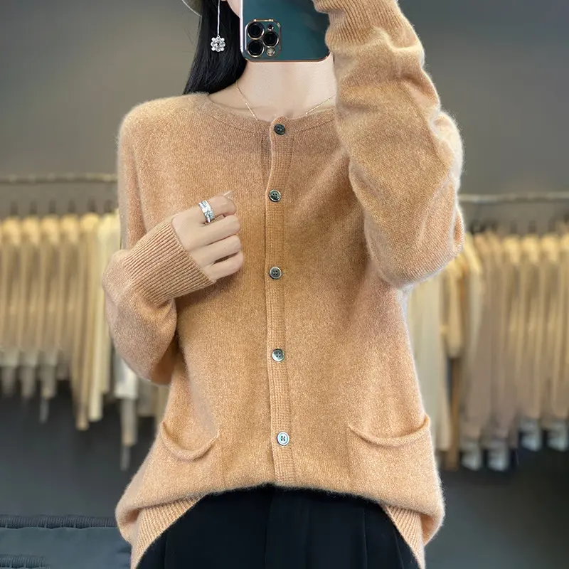 Damen Langer Feinstrick-Cardigan mit Rundhalsausschnitt, Eingrifftaschen und Alpaka-Mix Drune
