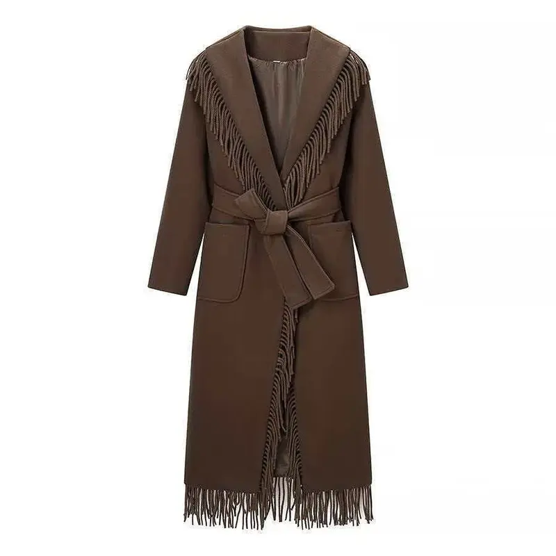 Damen Langer Fransen-Wollmix-Mantel mit Kapuze, Bindegürtel und aufgesetzten Taschen Drune