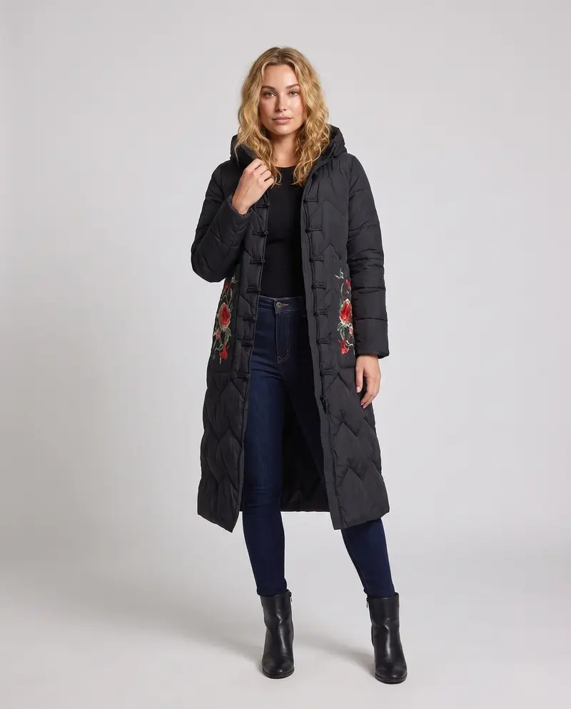 Damen langer gepolsterter Mantel mit floralem Taschenstickerei und Froschknopfverschluss