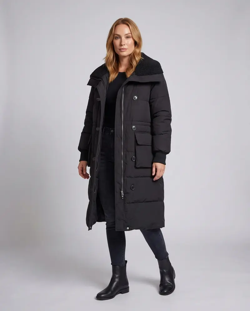Damen langer gepolsterter Mantel mit Sherpa-Schalkragen, Taille mit Kordelzug und großen Klappentaschen