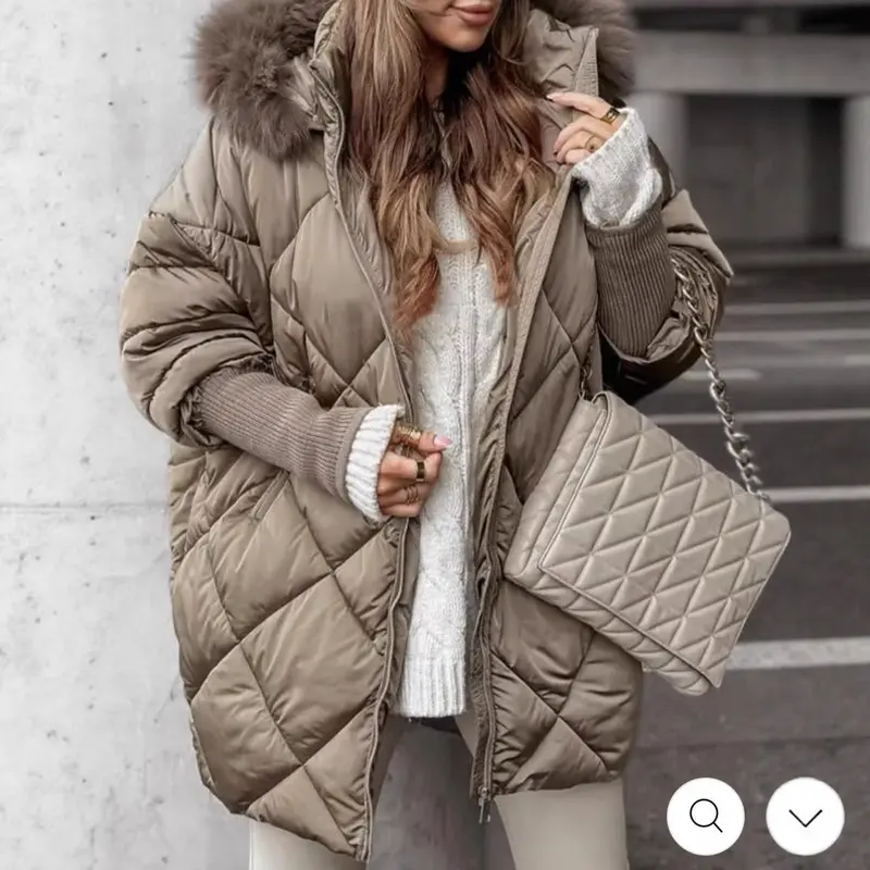 Damen langer gesteppter Winterparka mit großer Kapuze und Kunstfellbesatz Drune