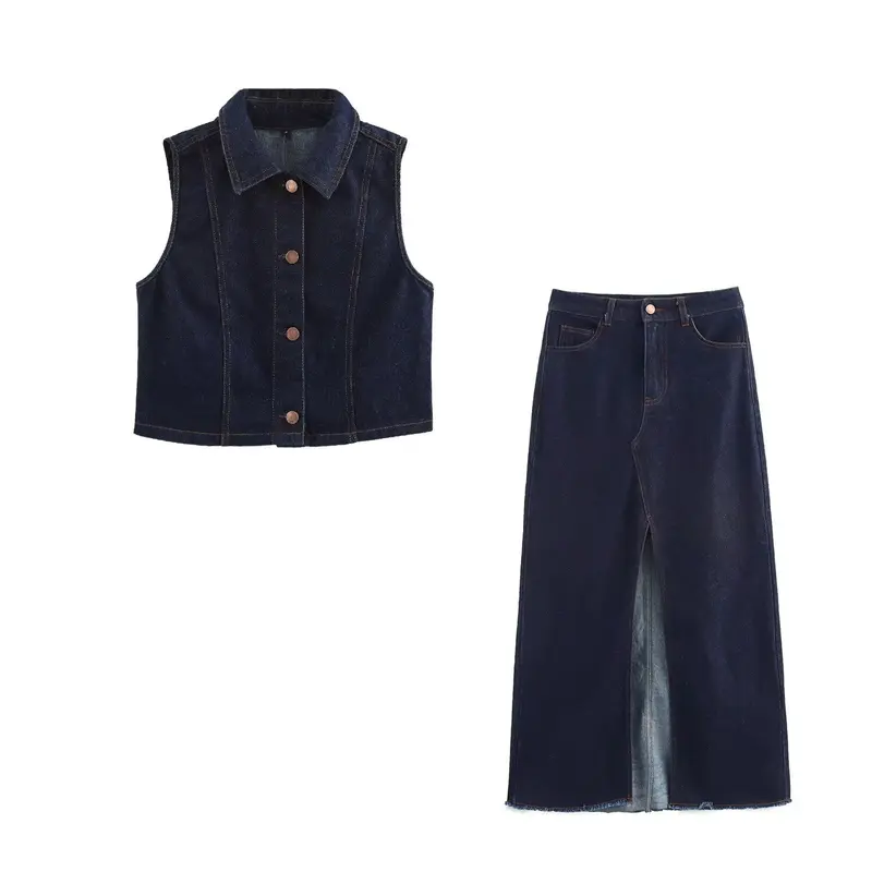 Damen Langer Jeans-Midirock mit hoher Taille, Frontschlitz und rohem Saum Drune