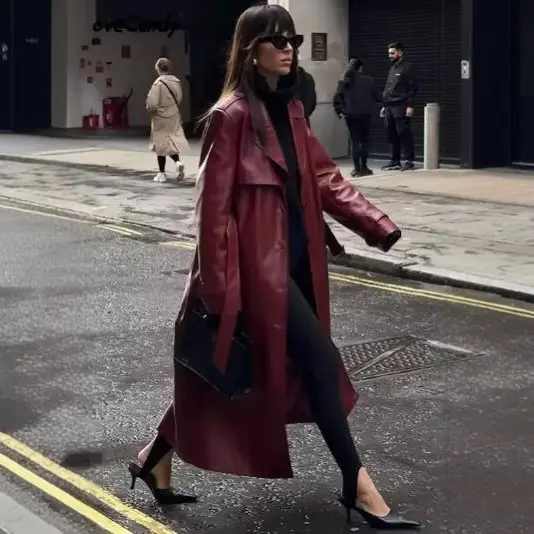 Damen Langer Kunstleder‑Trenchcoat mit Taillengürtel, weitem Revers und wasserabweisender Oberfläche Drune