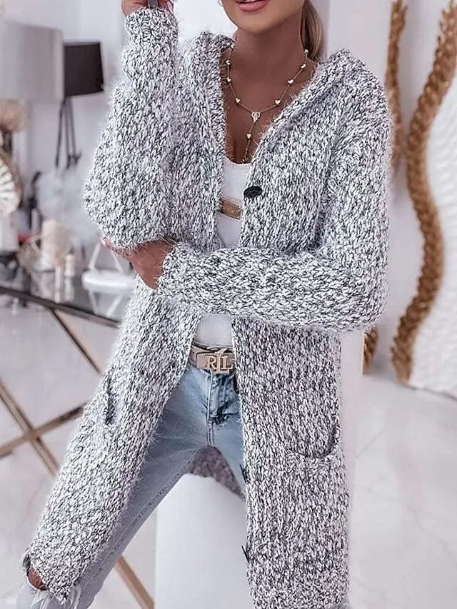 Damen Langer Mélange-Kuschelcardigan mit Kapuze, Hornknopf und Eingrifftaschen Drune