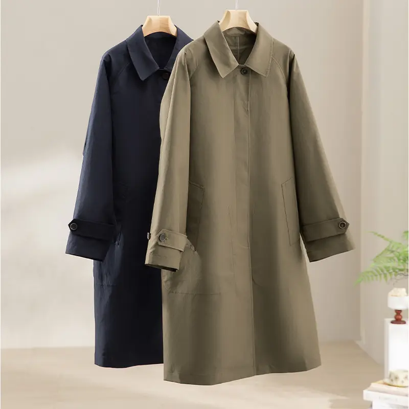 Damen Langer minimalistischer Trenchcoat mit verdeckter Knopfleiste und verstellbaren Manschetten Drune