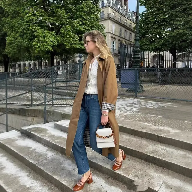 Damen Langer minimalistischer Trenchcoat mit weitem Kragen und gerader Silhouette Drune