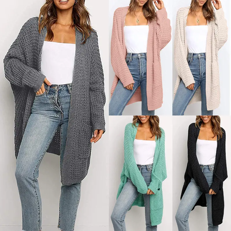 Damen Langer Offener Grobstrick-Cardigan im Cocoon-Schnitt mit Eingrifftaschen Drune