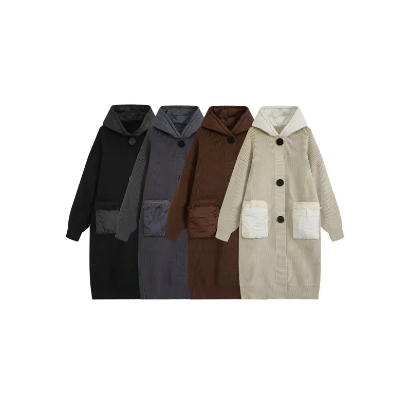 Damen Langer Oversize-Strickmantel mit gesteppter Kapuze und aufgesetzten Stepp-Taschen Drune