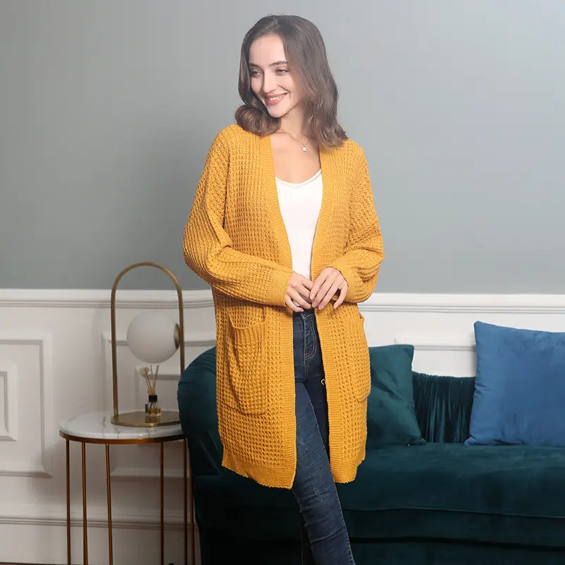 Damen Langer Oversize Strickmantel mit offener Front und aufgesetzten Taschen Drune