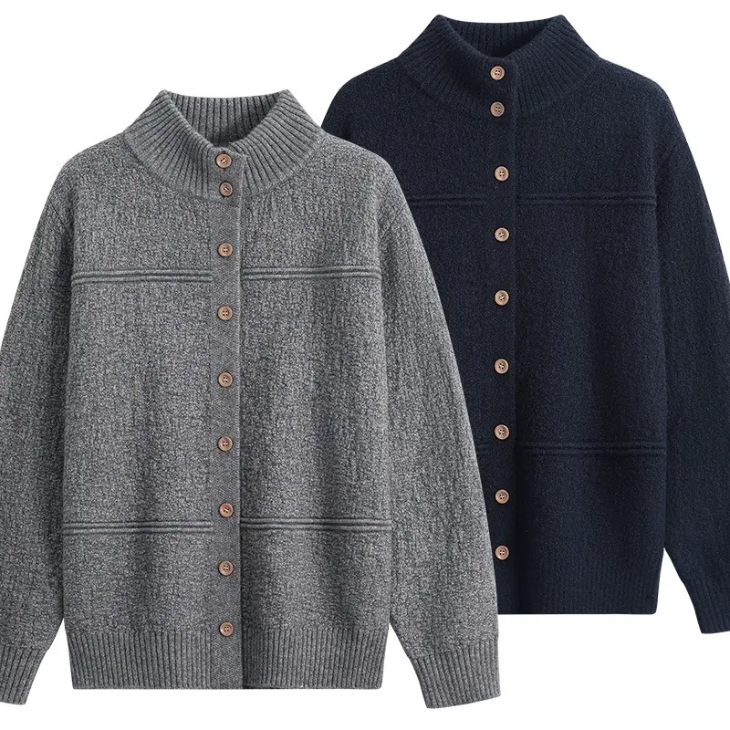 Damen Langer Oversize-Wollmix-Cardigan mit hohem Rippenkragen und Vintage-Knöpfen Drune