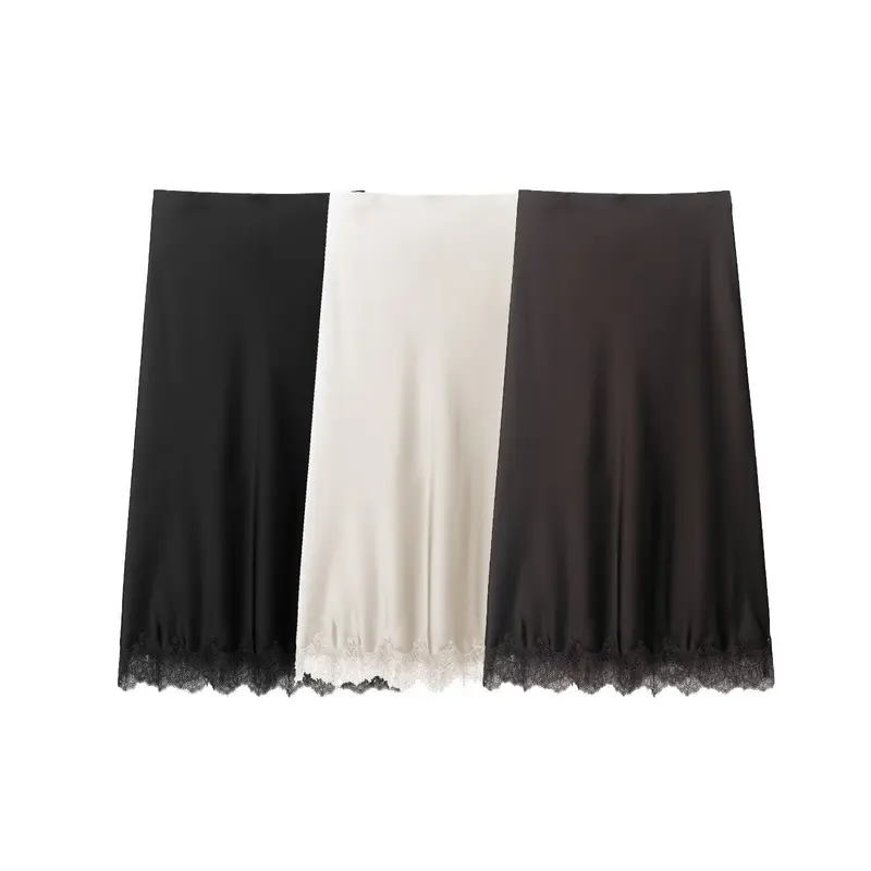 Damen Langer Satinrock mit feiner Spitze am Saum und leichter A-Linien-Silhouette Drune