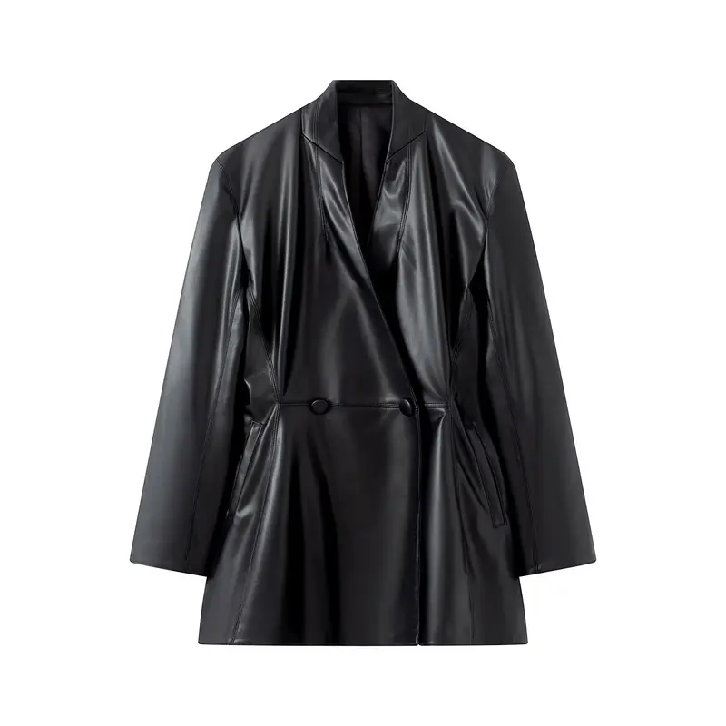 Damen Langer taillierter Blazer‑Mantel aus veganer Lederoptik mit fallendem Schalkragen und Doppelknopf-Leiste Drune