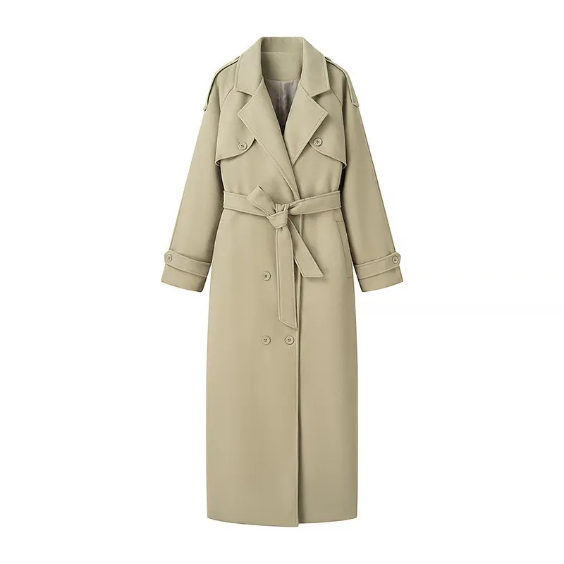 Damen Langer taillierter Trenchcoat mit Bindegürtel, Schulterpatten und doppelreihiger Knopfleiste Drune