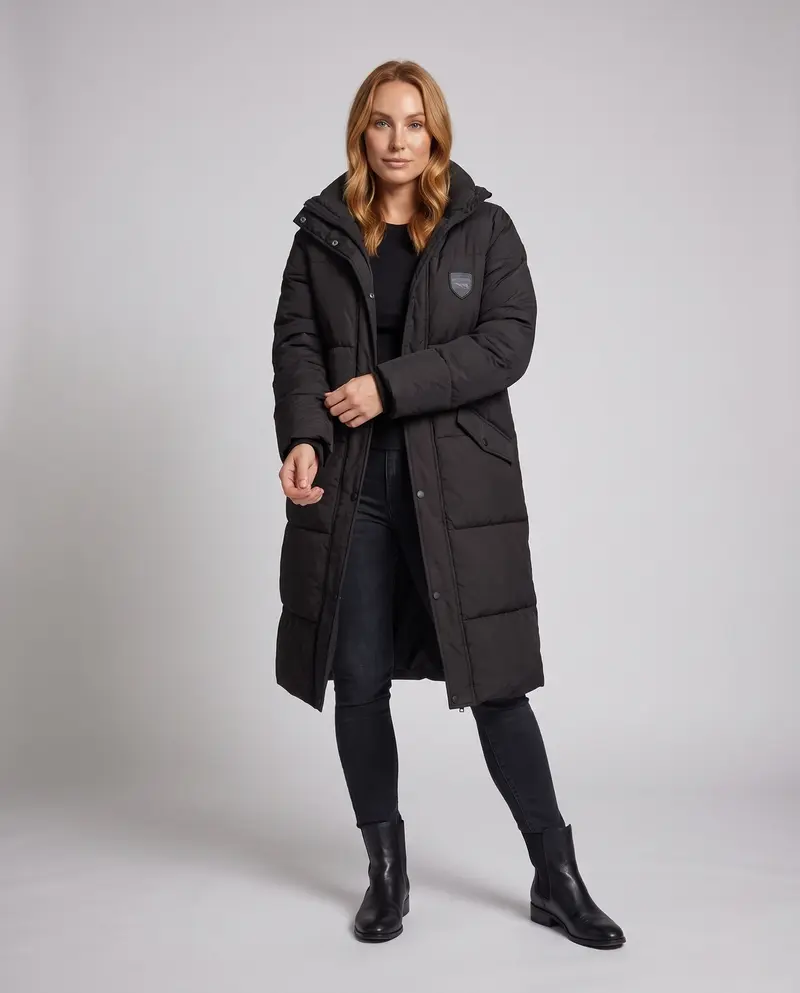 Damen langer thermoge quilteter Mantel im oversized Schnitt mit abgerundetem Saum, College-Logo und großen Klappentaschen
