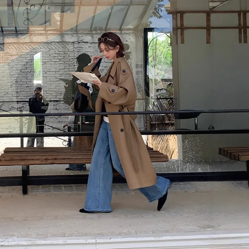 Damen Langer Trenchcoat im Oversize‑Look mit Bindegürtel und Schulterpatten Drune